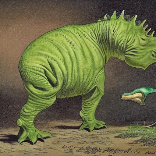 Image similar to a natural history illustration of a green triceratops by john gould