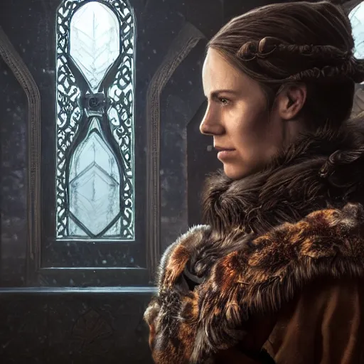 Image similar to the elder scrolls vi, charismatic regal brunette female jarl, portrait, throne room, atmospheric lighting, painted, intricate, volumetric lighting, beautiful, daytime, sunny weather, slight overcast, sharp focus, deep colours, ultra detailed, by leesha hannigan, ross tran, thierry doizon, kai carpenter, ignacio fernandez rios