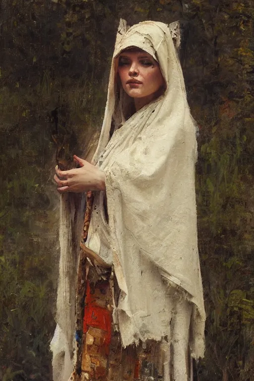 Image similar to Richard Schmid and Jeremy Lipking full length portrait painting of a young beautiful woman bible priestess in elaborate costume