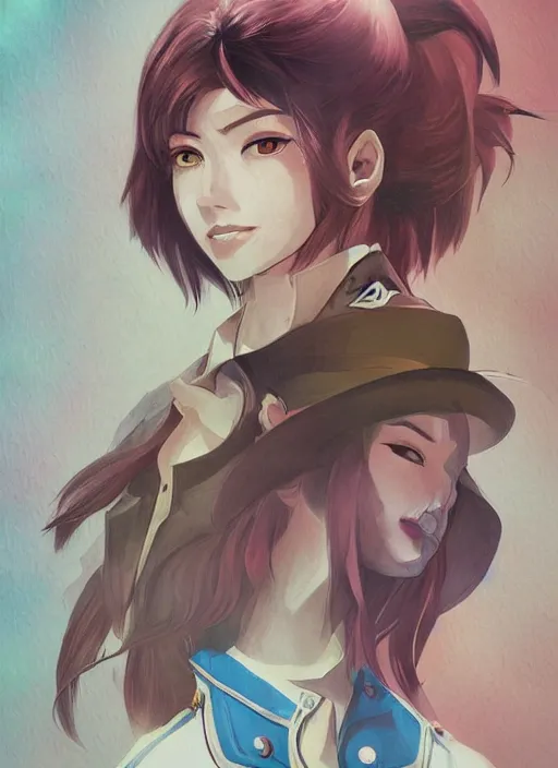 Image similar to full size persona, female sheriff, detail, ultra sharpness, beautiful female, detailed face, art by huyy nguyen, style by cain kuga, cowboy bebop art style, 3 2 beautiful color palettes with their corresponding gradient, stroke line