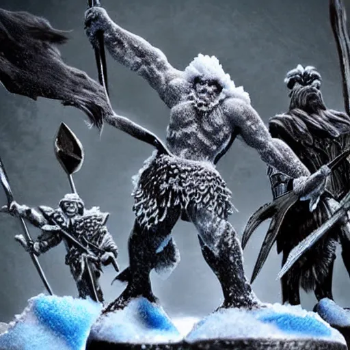 Image similar to dnd frost giant towering over some warriors