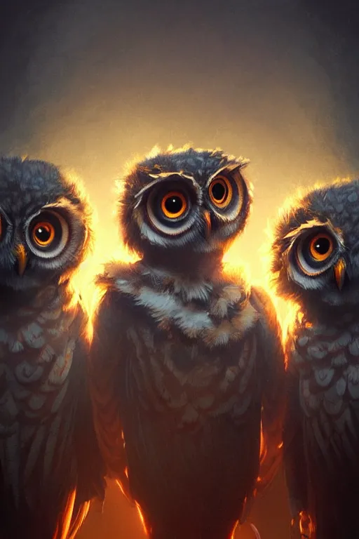 Image similar to portrait of a rock band made up of anthropomorphic owls, dramatic lighting, highly detailed, digital painting, artstation, concept art, smooth, sharp focus, illustration, art by wlop, mars ravelo and greg rutkowski