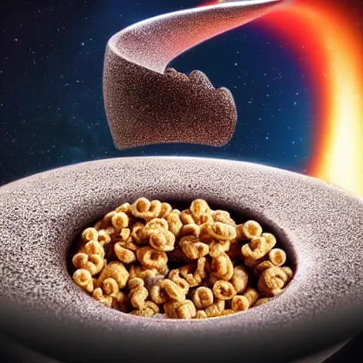 Prompt: a bowl of cereal being sucked into a blackhole. highly detailed