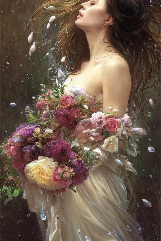 Image similar to portrait of a beautiful mysterious woman holding a bouquet of flowing flowers, drenched clothing, wet dripping long hair, hands hidden under the bouquet, emerging from the water, fantasy, regal, intricate, by stanley artgerm lau, greg rutkowski, thomas kindkade, alphonse mucha, loish, norman rockwell