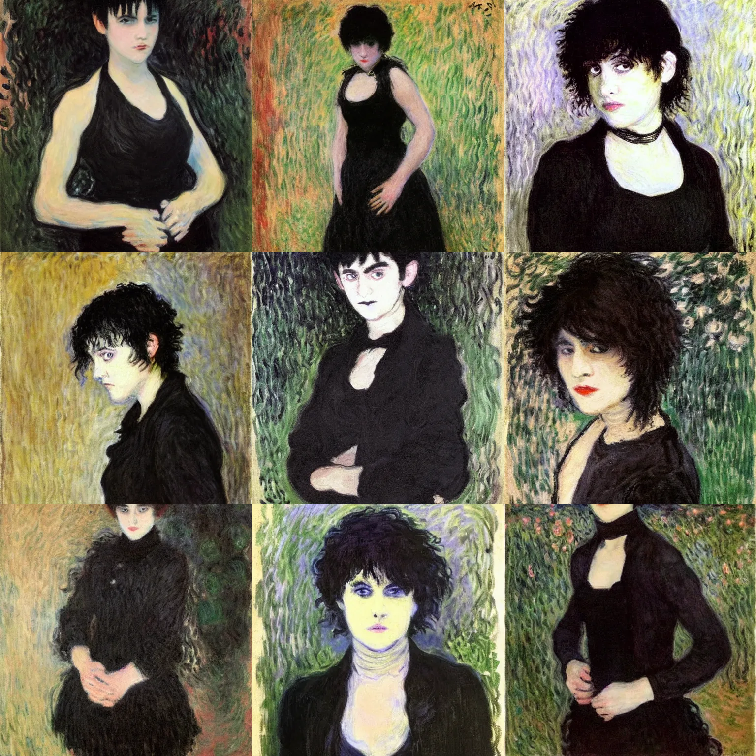 Prompt: an emo by claude monet. her hair is dark brown and cut into a short, messy pixie cut. she has large entirely - black evil eyes. she is wearing a black tank top, a black leather jacket, a black knee - length skirt, a black choker, and black leather boots.