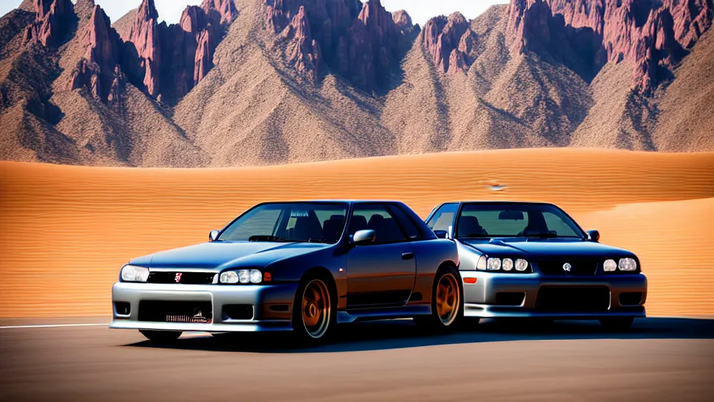 Image similar to three quarter front photo of a stock dark grey nissan r 3 2 skyline gtr on a road in a desert with a mountain in the background in the early morning, car photography, depth of field, depth blur, zoom lens, blue hour, photorealistic