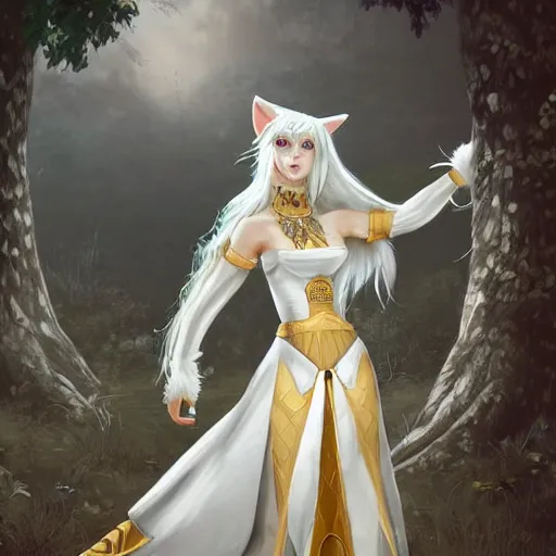 Image similar to full body shot of a female anthro furry wolf princess fursona with white hair wearing a white and gold dress in a white and gold palace, by Wlop and jerry park, artstation, detailed
