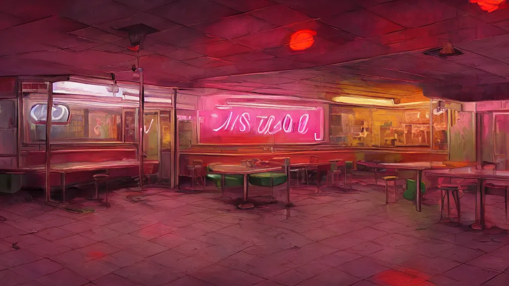 Prompt: the inside of an abandoned 5 0's diner at night, by lee madgwick, pink and orange neon lights, highly detailed interior, artstation trending, cryenging 8 k uhd