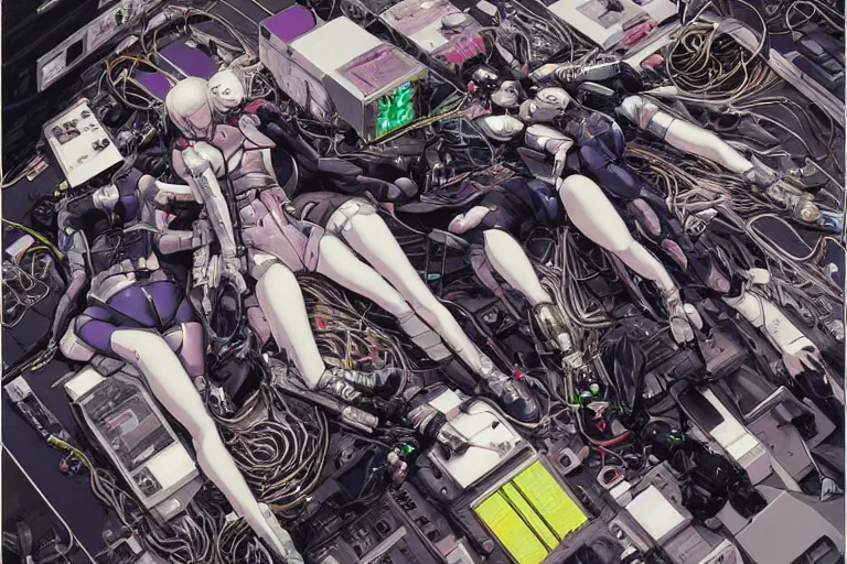 Image similar to a cyberpunk illustration of a group of female androids in style of masamune shirow, lying on an abstract, empty, white floor with their body parts scattered around in various poses and cables and wires coming out, by yukito kishiro and katsuhiro otomo, hyper-detailed, intricate, view from above