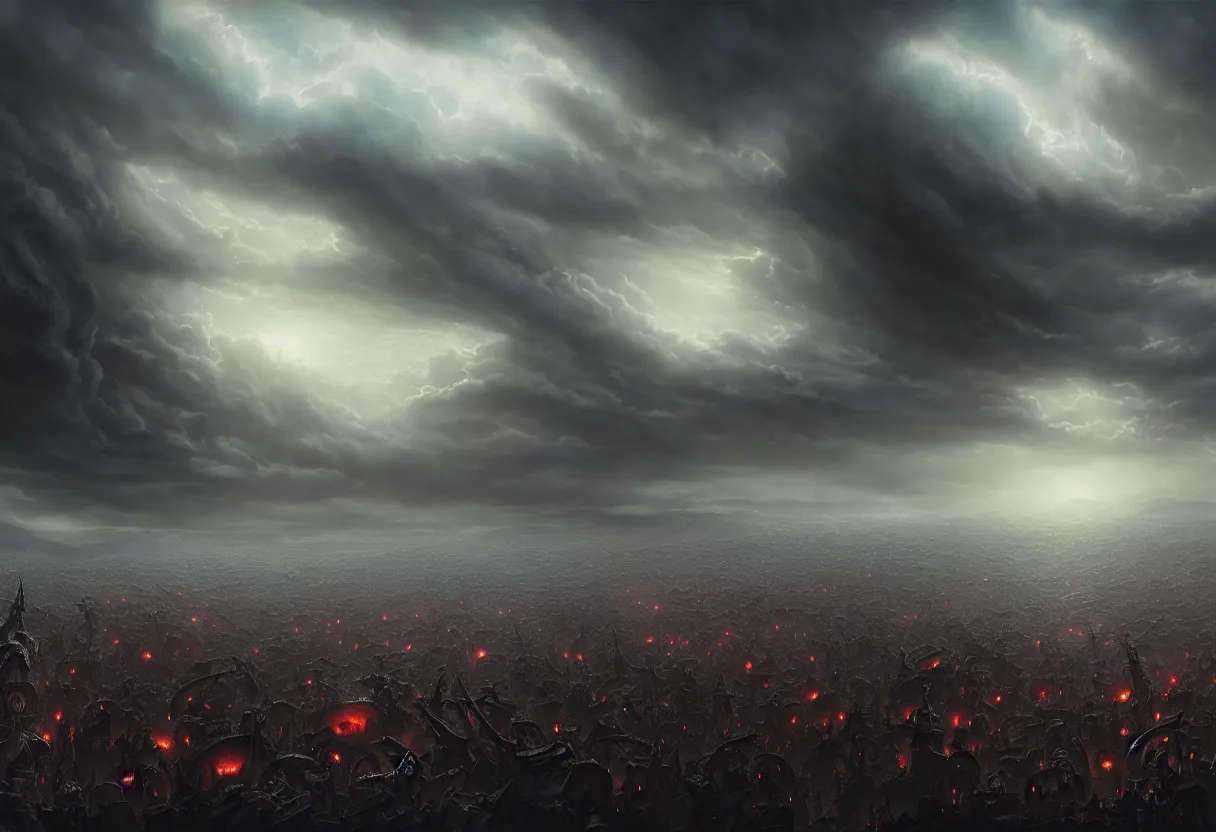 Image similar to dark ominous apocalyptic sky with millions of zombies outstretching towards the sky,, fantasy, intricate, elegant, highly detailed, digital painting, artstation, concept art, smooth, sharp focus, octane render, dramatic lighting, volumetric lighting, cinematic lighting, art by artgerm and greg rutkowski and alphonse mucha and wlop