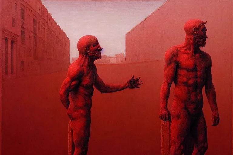 Image similar to only with red, caesar after win war, the deal, a red tiger, in hoc signo vinces, rome in background, an ancient path, in the style of beksinski, part by hopper, part by rodcenko, part by hofbauer, intricate composition, red by caravaggio, insanely quality, highly detailed, masterpiece, red light, artstation