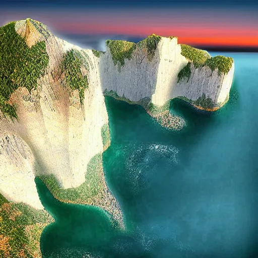 Image similar to concave islands surrounded by steep crystalline cliffs, high quality digital art