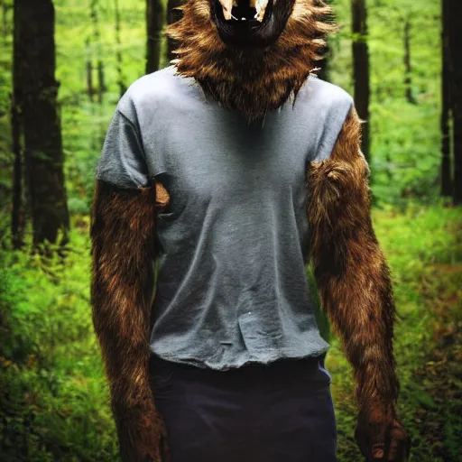 Image similar to human! wolf werecreature, photograph captured at woodland creek