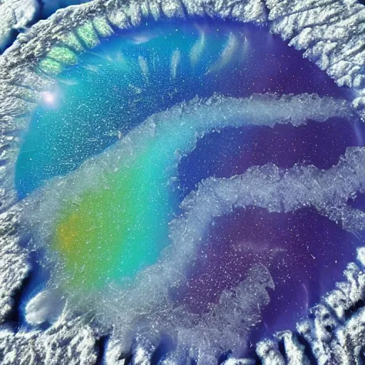 Prompt: ice rings around a beautiful planet melting into rings of rivers with otter aliens swimming through them along with lots of little colorful fish