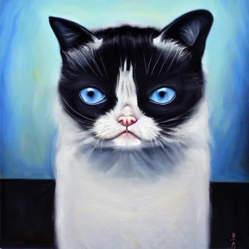 Image similar to grumpy cats emotional state is apparently the only constant in this world, deep emotional resignation of a programmer, oil on canvas 2022