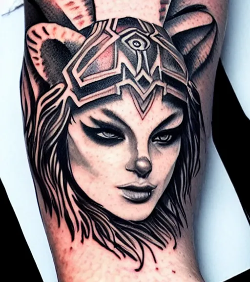 Prompt: tattoo design on white background of a beautiful girl warrior below a tiger head, hyper realistic, realism tattoo, by eliot kohek, beautiful eyes, realistic face, black and white