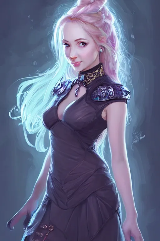 Image similar to portrait of a gorgeous young female artificer, looking at camera, D&D, choker on neck, stylish dress, mouth slightly open, cute slightly nerdy smile, very long flowing hair, intricate, elegant, stylish, fantasy, extremely detailed, digital painting, artstation, concept art, smooth, sharp focus, illustration, stunning lighting, art by artgerm and greg rutkowski and alphonse mucha and simon stalenhag