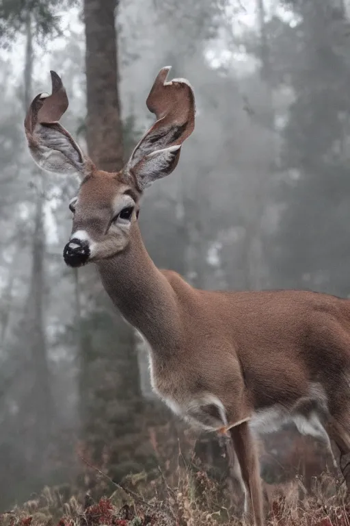 Image similar to a close up of a white - eyed deer, background of a landscape misty forest scene, the sun glistening through the trees