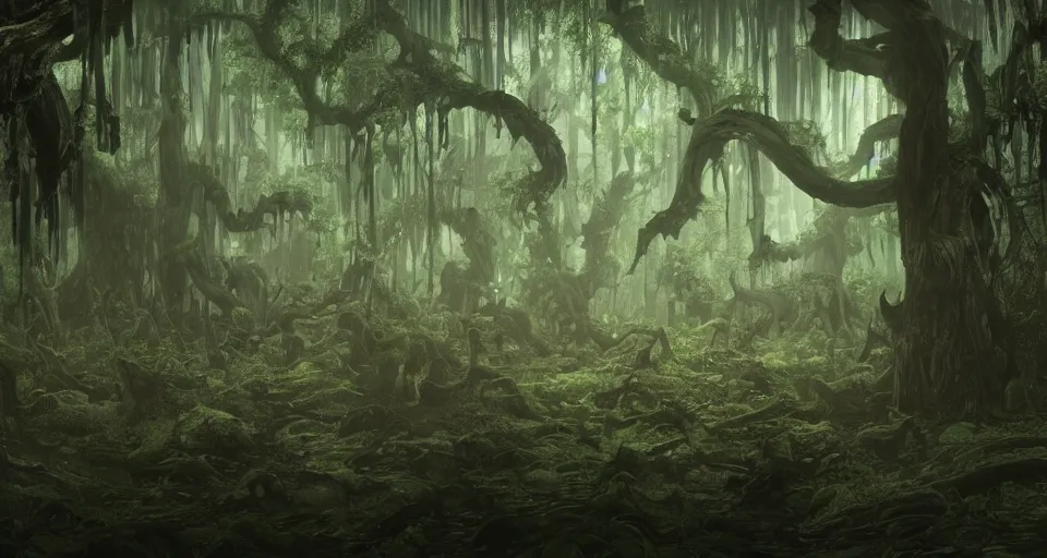 Prompt: A dense and dark enchanted forest with a swamp, by Wit Studio