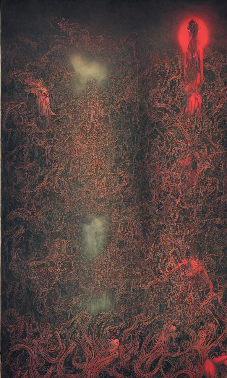 Image similar to zhongyuan festival, chinese ghost festival, king of hell, inside page of comic book, psychedelic lights and fog, in the style of zdzislaw beksinski, ayami kojima, takato yamamoto, barclay shaw, karol bak, glowing light and shadow, hyperrealist