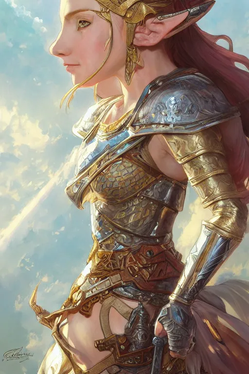 Image similar to portrait of Princess Zelda in armor, D&D, fantasy, intricate, elegant, highly detailed, digital painting, artstation, concept art, smooth, sharp focus, illustration, art by artgerm and greg rutkowski and alphonse mucha