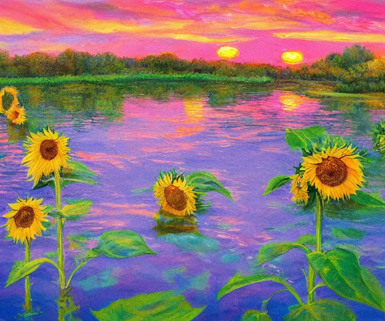 Image similar to sunflowers in the water, william henrits, hovik zohraybyan, water painting, bright colors, pink skies, sunrise, peaceful, serene, joy