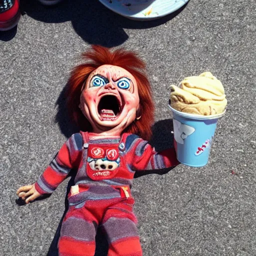 Image similar to chucky doll screaming!!!! at ice cream on the ground