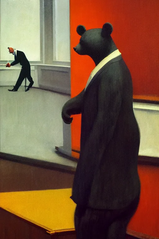 Image similar to man in business costume, a bear in business costume, business negotiations process, hauntingly surreal, highly detailed painting by francis bacon, edward hopper, adrian ghenie, gerhard richter, and james jean soft light 4 k,