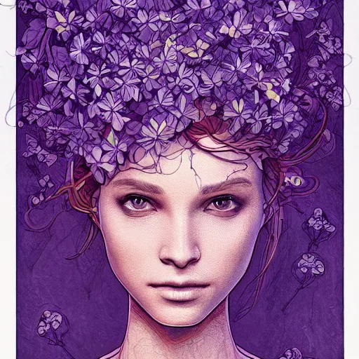 Prompt: the head of an unbelievably elegant and ridiculously beautiful woman partially made of potatoes and violets, an ultrafine detailed illustration by james jean, final fantasy, intricate linework, bright colors, behance contest winner, vanitas, angular, altermodern, unreal engine 5 highly rendered, global illumination, radiant light, detailed and intricate environment