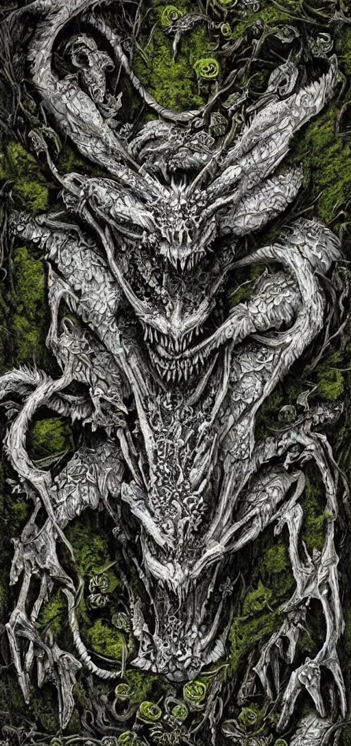 Prompt: white dragon skeleton covered in moss and flowers, intricate details, hyperrealistic, HR Giger