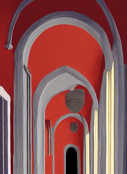 Prompt: a hockney painting of a hallway with round arches decorated by wes anderson