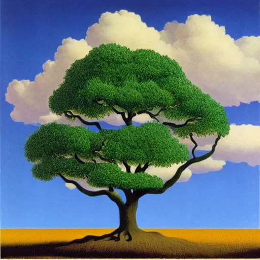 Prompt: A single bonzai tree on the great plains, by Rene Magritte