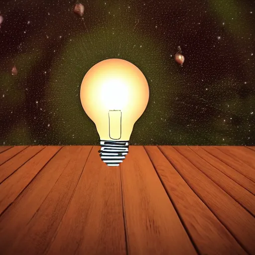 Prompt: a light bulb over a dinner table with a full miniature universe inside it, digital art