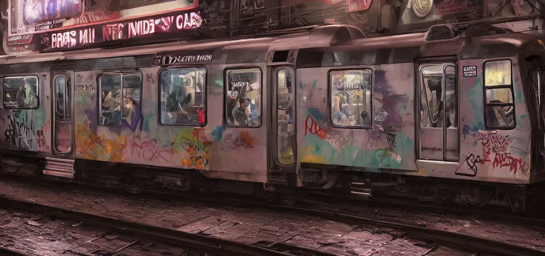 Image similar to old new york Subway car painted with Graffiti, mord182, dramatic lighting, cinematic, establishing shot, extremly high detail, photo realistic, cinematic lighting, post processed, concept art, artstation, matte painting, style by eddie mendoza, raphael lacoste, alex ross