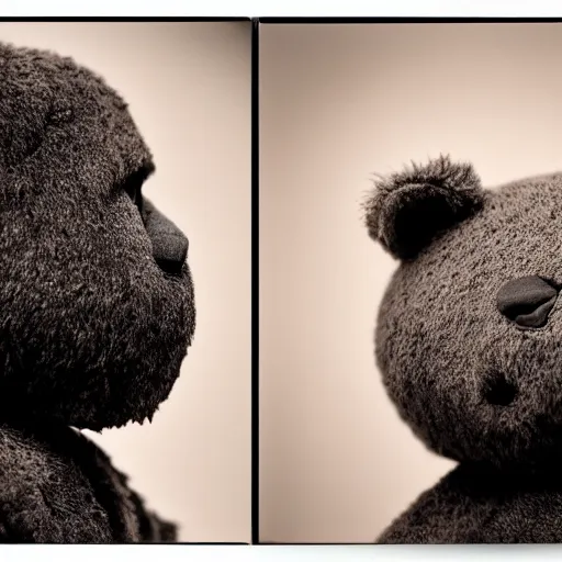 Image similar to Portrait studio photograph of Kanye West and also a anthropomorphic teddy bear, close up, shallow depth of field, in the style of Felice Beato, Noir film still, 40mm