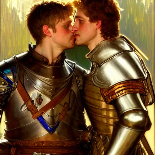 Image similar to attractive arthur pendragon and his attractive male knight, they are in love, natural lighting, path traced, highly detailed, high quality, digital painting, by gaston bussiere, craig mullins, alphonse mucha j. c. leyendecker