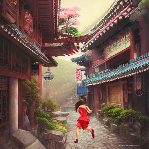 Prompt: portrait of a woman running in jiufen taiwan, an oil painting by ross tran and thomas kincade, studio ghibli