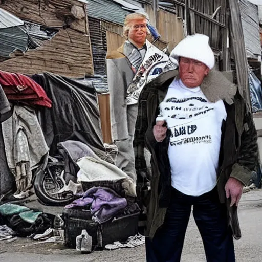 Image similar to donald trump dressed as a homeless man living in the slums