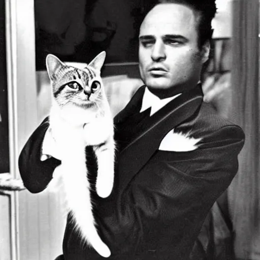 Prompt: a cat in a godfather costume holding a cat in a marlon brando costume
