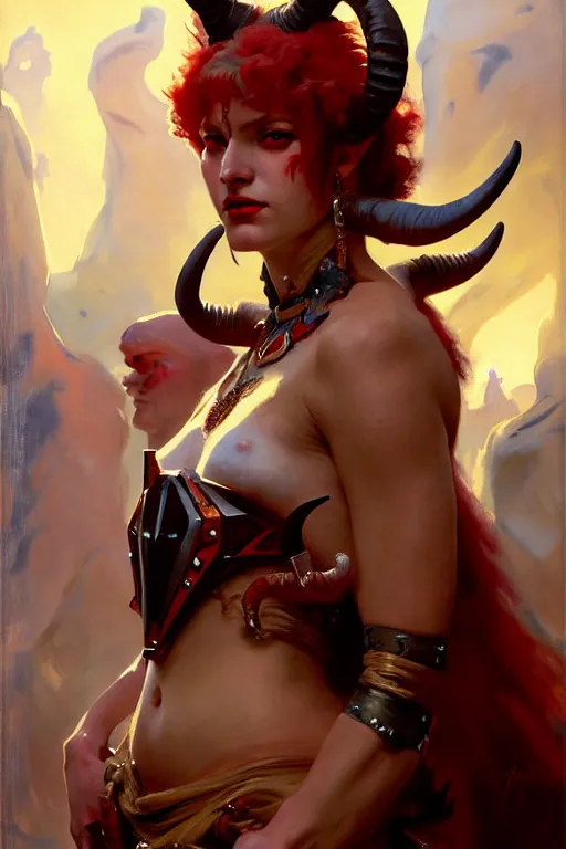 Image similar to painted close - up portrait of a very attractive red - skinned intimidating demon cyborg girl with ram horns! oil painting, wearing a noblewoman's outfit, fantasy art by john singer sargent and gaston bussiere and james jean and greg rutkowski, demon noble character design, hd