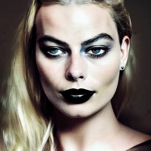 Prompt: a masterpiece portrait photo of a beautiful young woman who looks like a goth margot robbie, symmetrical face