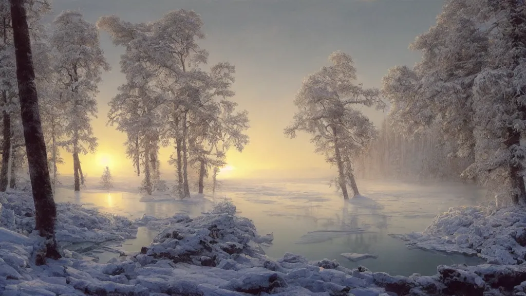 Image similar to the most beautiful panoramic landscape, oil painting, where a giant dreamy lake is frozen, the trees around have snow over their leafs, a giant polar bear is exhaling steam while walking over the frozen lake, the frozen lake is reflecting the giant polar bear and the ray lights of the sunrise are brightening him, by greg rutkowski