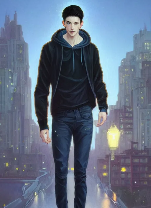 Image similar to handsome young man with short black hair, glowing light blue eyes, pale skin, wearing jeans and a black hoodie, detailed night time cityscape background, realistic painting by ross tran and gerald brom and alphonse mucha, ilya kuvshinov, svetlana tigai, artgerm, trending on artstation