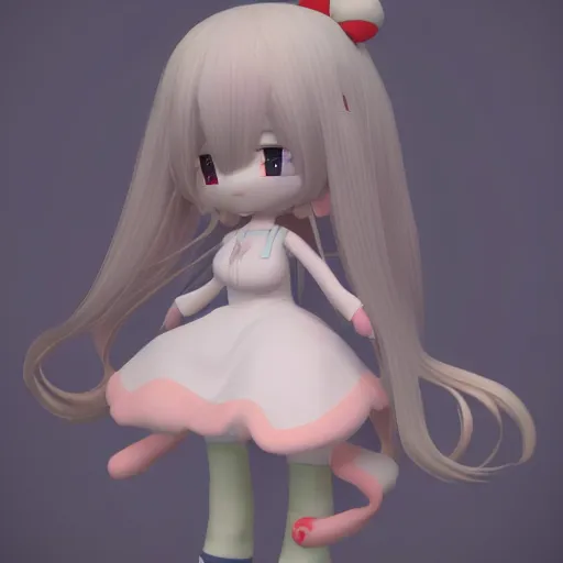 Image similar to cute fumo plush of a girl with a big heart, very long and unkempt hair, stylized pbr, subsurface scattering, blob anime, bokeh, vray
