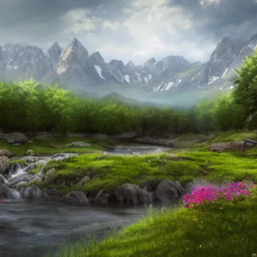 Prompt: A flowery meadow with a large tree in the middle and a river on the right with rocky sides, a wooden bridge on the right and mountains in the background, a slightly overcast sky. ultra realistic, matte painting, concept art, 4k, trending on artstation, octane render, wide lens.