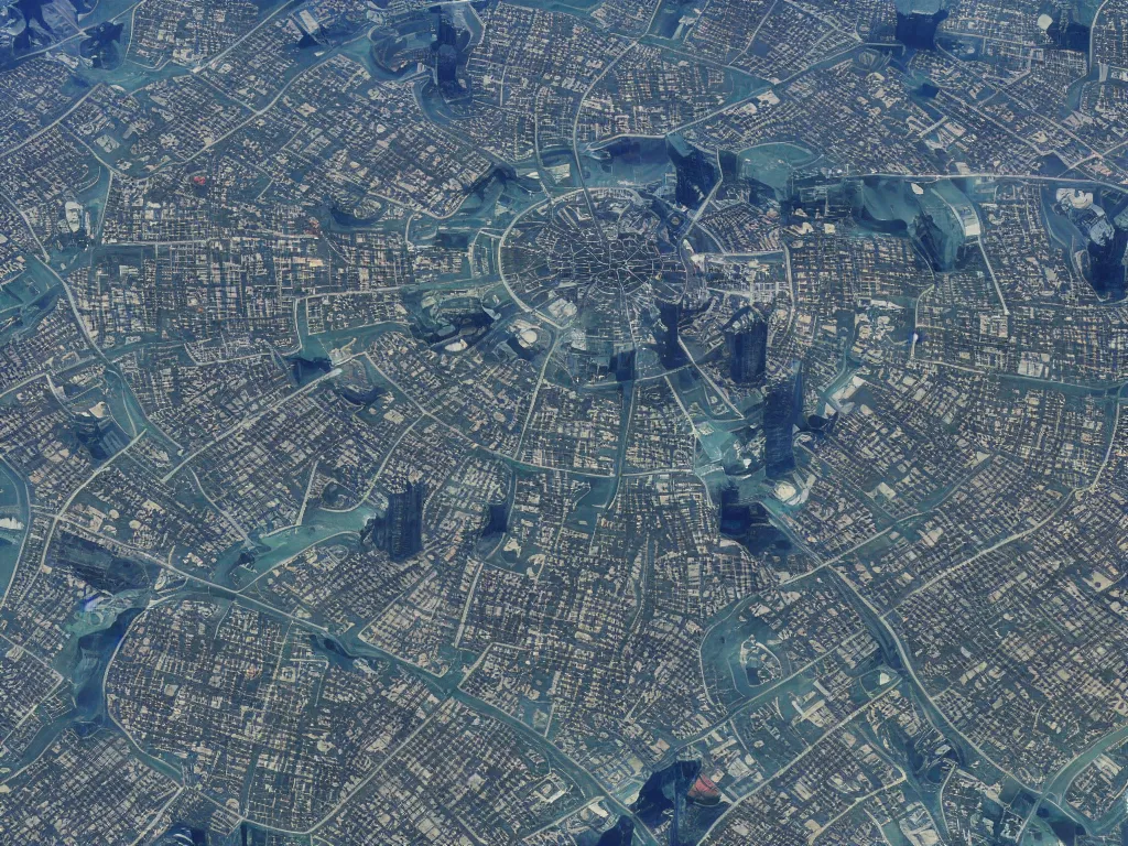 Image similar to satellite photo of a futuristic advanced utopia city, detailed, 4 k