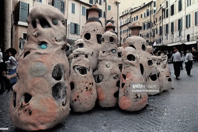 Prompt: colourful creepy umibozu monsters parading the streets of Rome, 1980 photograph, photo real