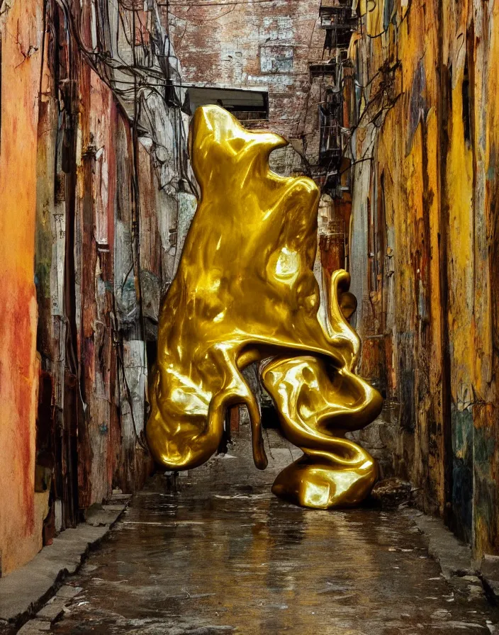 Prompt: vintage color photo of a liquid gold sculpture in a south american alley, photography by werner herzog