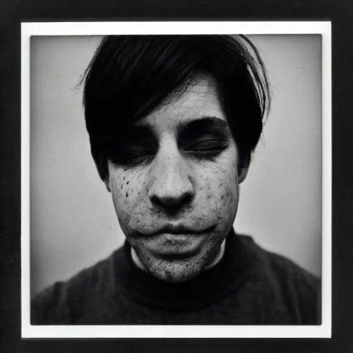 Prompt: a professional polaroid portrait photo of a man with an asymmetrical face with his eyes closed. the man has black hair, light freckled skin and a look of panic on his face. british street photo. extremely high fidelity. key light.