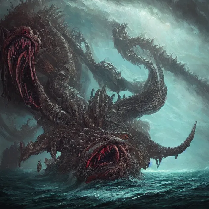 Image similar to sea monster large horror under the ocean d & d, d & d style, trending on artstation, intricate, highly detailed, vivid painting, colorful, art by greg rutkowski